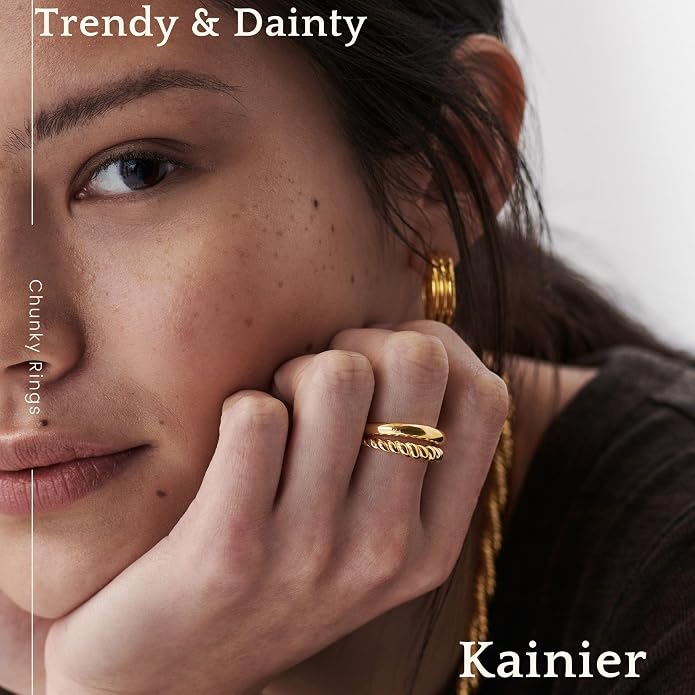 Kainier 14K Gold Chunky Rings for Women14K Gold Plated Dainty Radial Rings High Polish Statement Band Classic Double Twisted Ring Comfort Fit Size 5 to 10