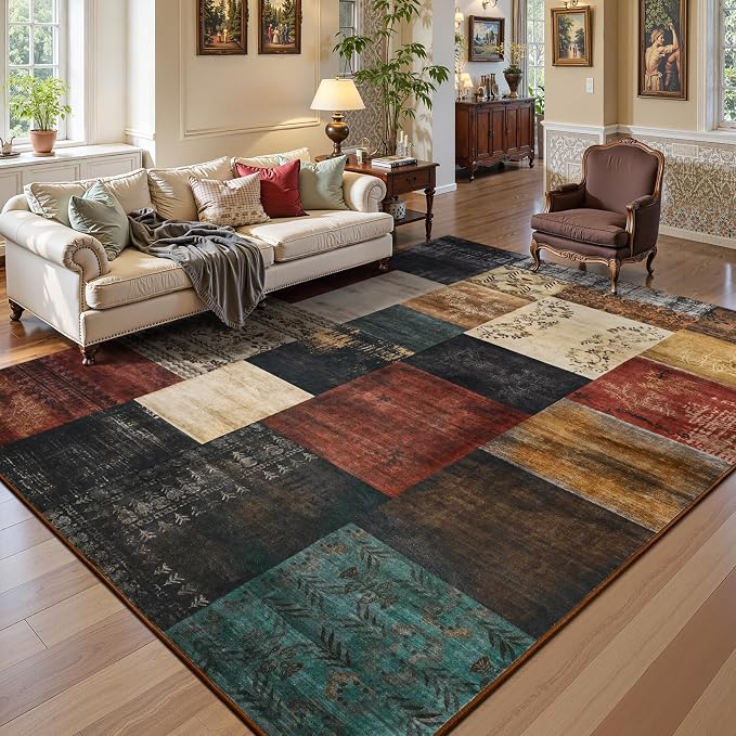 DweIke Washable Area Rugs 9x12 for Living Room, Large Modern Geometric Colorful Soft Patchwork Carpet, Non-Slip Stain Resistant Throw Rug for Bedroom Dining Room Office Home Decor