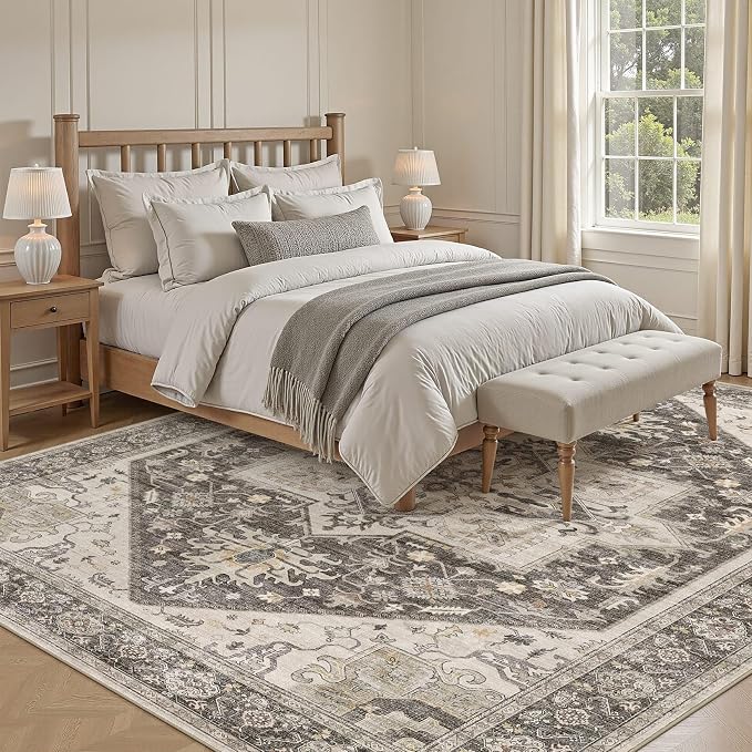 7x9 Area Rugs for Living Room - Large Carpet Ultra Thin Soft Washable Oriental Vintage Floral Distressed Big Indoor Carpets for Bedroom Nursery Dorm Home Decor Aesthetic - Dark Brown