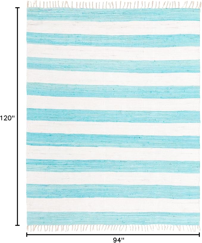 Unique Loom Chindi Rag Collection Area Rug - Striped (7' 10" x 10' Rectangle, Turquoise and Ivory)