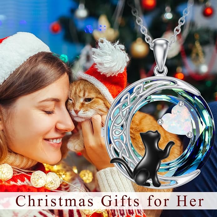TOUPOP Cat Gifts for Cats Lovers 925 Sterling Silver Black Cat Necklace Celtic Moon Birthstone Jewelry for Women Anniversary Birthday Gift for Her Wife Mom