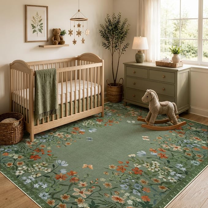 Wonnitar 5x7 Washable Area Rug, Green Floral Rug for Living Room, Boho Rug for Bedroom, Non Slip Flower Nursery Carpet, Low Pile Cottagecore Dining Room Decor (5x7 Green)