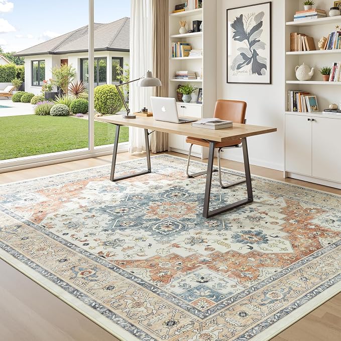 Oriental 8x10 Rug for Living Room - Washable Distressed Boho Extra Large for Bedroom, Low-Pile Non Slip Soft Faux Wool Carpet for Dining Room, Playroom, Neutral Beige and Orange Floral Rug