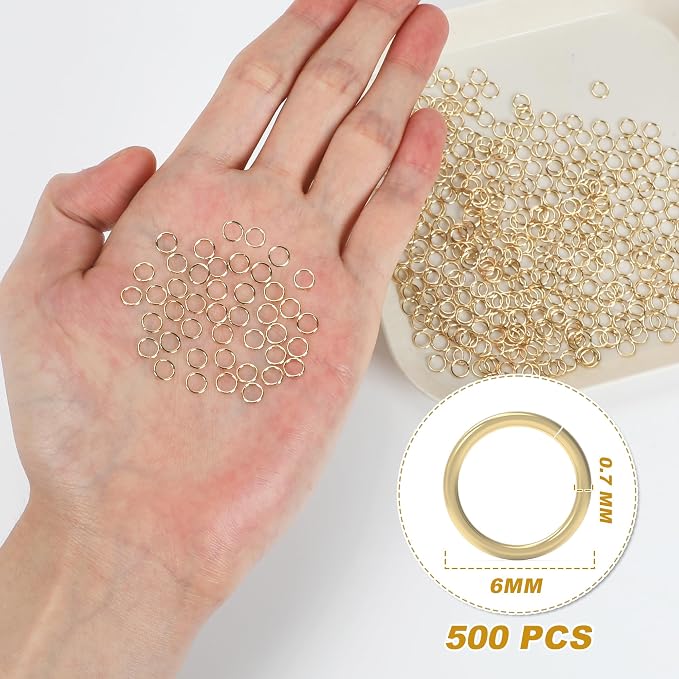 6MM 500PCS 14K Gold Jump Rings for Jewelry Making Non Tarnish Small Open Gold Filled Jump Rings for Necklace Earrings Bracelet Key Chains and DIY Craft