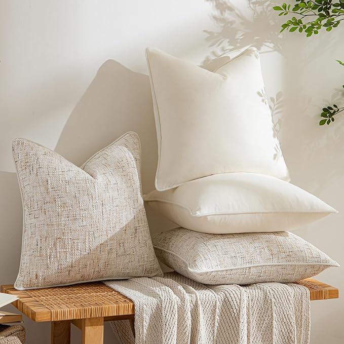 a moment Beige 4 Pack Throw Pillow Covers - Chenille & Velvet Set with Piping, Farmhouse Textured Design Cushion Cases for Couch Sofa Bed (18x18 Inch, No Insert)