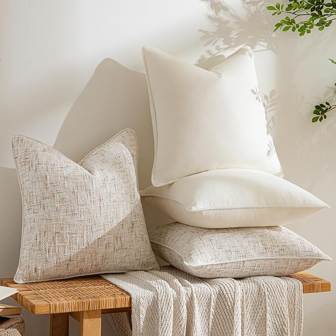 a moment Beige 4 Pack Throw Pillow Covers - Chenille & Velvet Set with Piping, Farmhouse Textured Design Pillow Cases for Couch Sofa Bed Livingroom (22x22 Inch, No Insert)