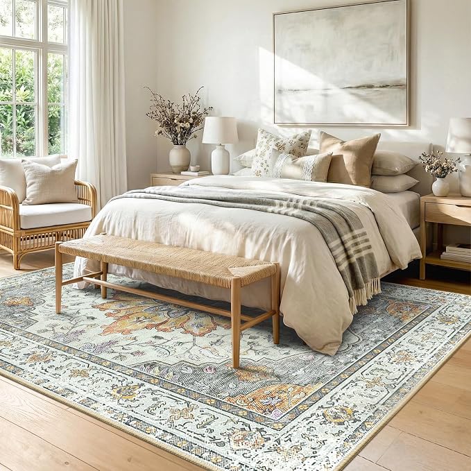 RELEANY Area Rugs 8'x10' Washable Non-Slip, Floral Vintage Distress Medallion Carpet for Living Room Bedroom Dining Room, Beige Carbon Grey Orange