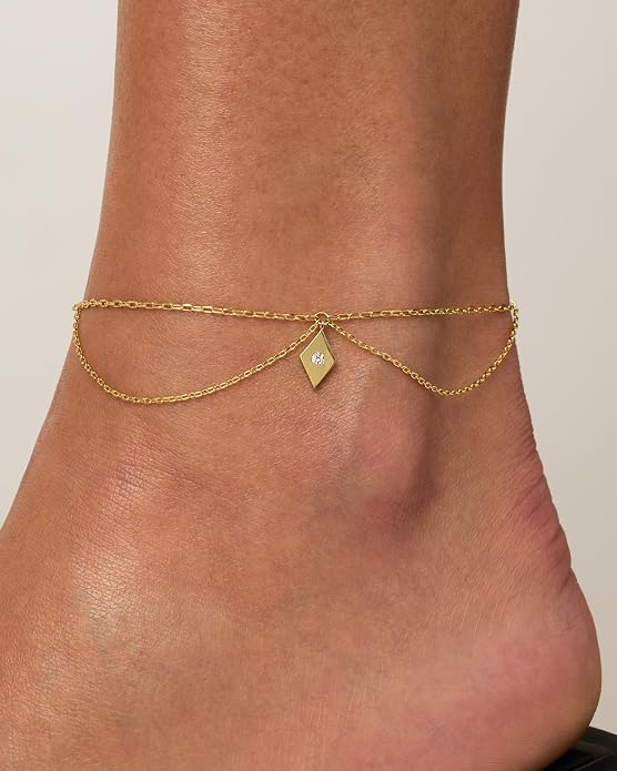 PAVOI 14K Gold Plated Anklet for Women - Trendy Link Chain Ankle Bracelet Summer Jewelry - Boho Dainty Anklets with Cubic Zirconia, Beaded, Evil Eye, Star, Station, Pearls Adjustable Gold Jewelry