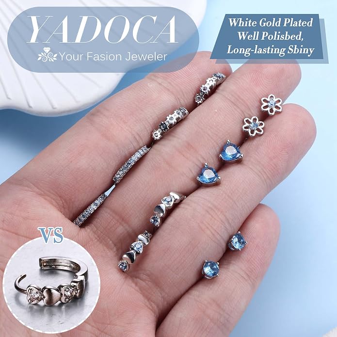 YADOCA 𝟵𝟮𝟱 𝗦𝘁𝗲𝗿𝗹𝗶𝗻𝗴 𝗦𝗶𝗹𝘃𝗲𝗿 Earrings for Girls Women - Hypoallergenic Cute Kids Toddler Earrings - Cubic Zirconia Earrings Studs Hoop Set for Sensitive Ears