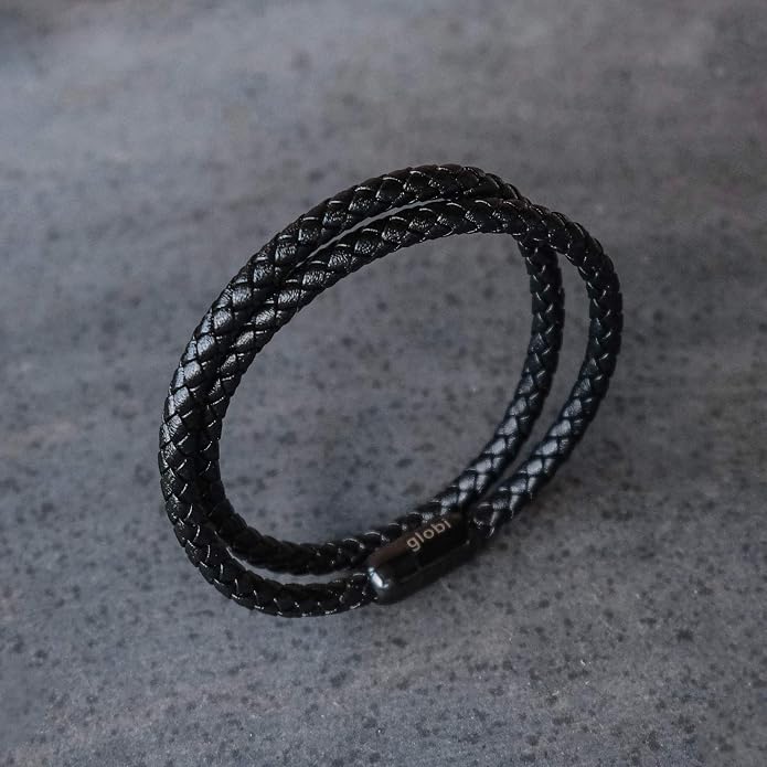 globi Leather Bracelet For Men | Genuine Wrap Braided Leather Cuff Bangle Bracelet with Magnetic Stainless Steel Clasp For Men/Women