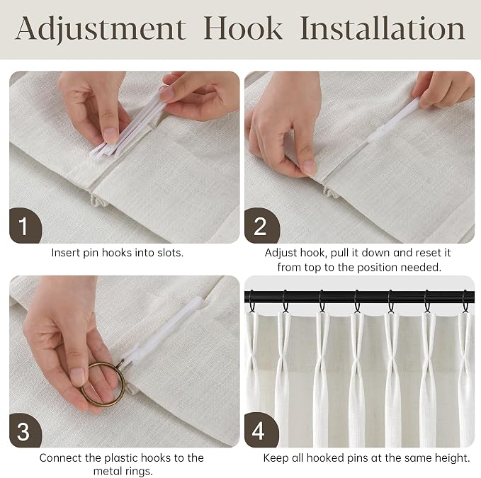 Pinch Pleated Linen Curtains 90 Inches Long for Living Dining Room Bedroom 2 Panel Set Natural Cream Birch Pinch Pleat Curtain 90 Inch Neutral Boho Floor to Ceiling Curtains Semi Sheer Linen Drapes