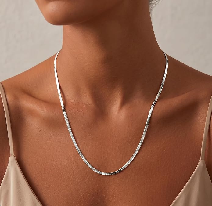 WomenGifts 14K Gold Silver Plated Herringbone Necklace for Women, Dainty Snake Chain Choker, Trendy Simple Long Layered Jewelry Non Tarnish, 3/4/5/8mm,14,16,18,20,22,24,26 Inch Thin & Chunky Options