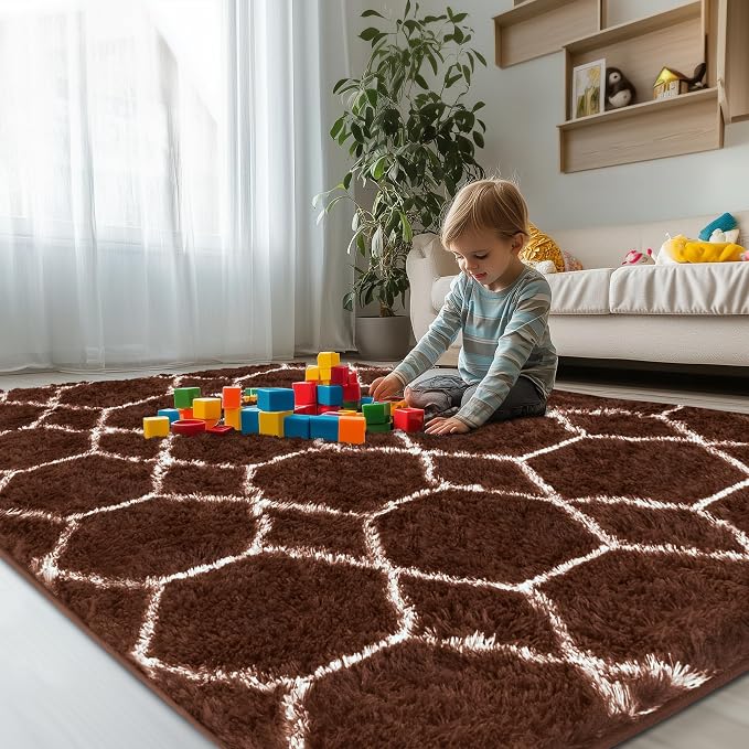Fluffy Rug for Living Room, Soft Modern 8x10 Brown and White Shag Area Rugs | Non Slip Brown Carpet for Bedroom, Home Decor Aesthetic, Washable Large Fuzzy Plush Floor Mat for Nursery Teen Dorm