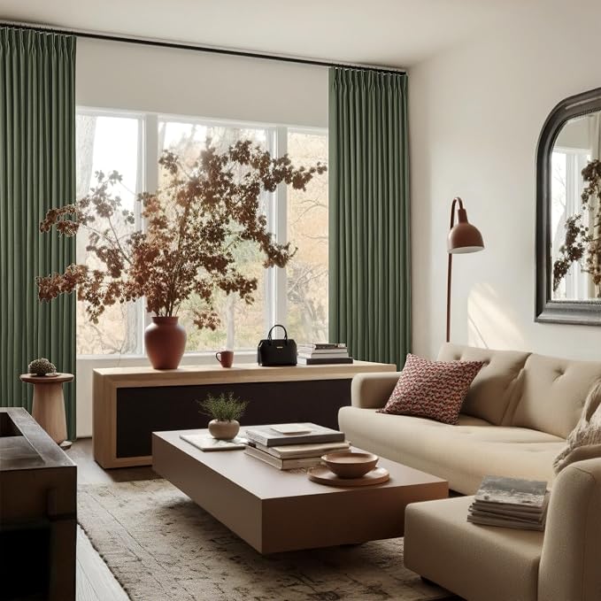 TWODRAPES Olive Pinch Pleated 100% Blackout Linen 80 Inch Window Curtains | Room Darkening Thermal Insulated, for Living Room Bedroom, Back Tab Pinch Pleat Drapes with Hooks Rings, W40xL80 2 Panels