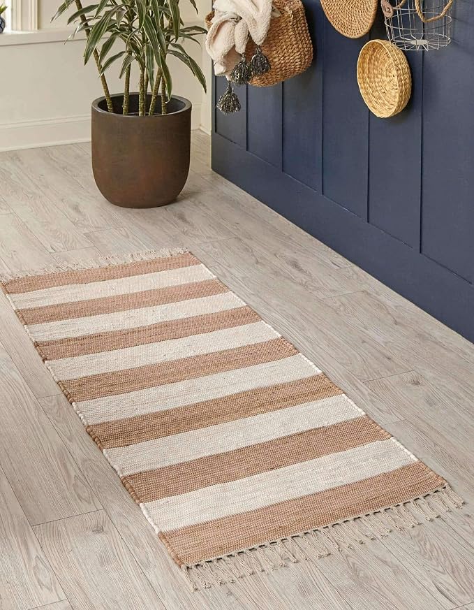 Unique Loom Chindi Rag Collection Area Rug - Striped (2' 2" x 10' Runner, Beige/ Ivory)