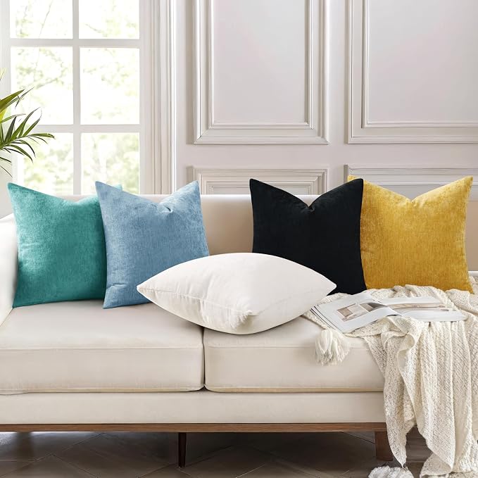 decorUhome Soft Chenille Turquoise Throw Pillow Covers 16X16 Set of 2 | Decorative Fall Couch Pillow Covers Solid Dyed Accent Modern Farmhouse Neutral Square Pillow Cases for Sofa