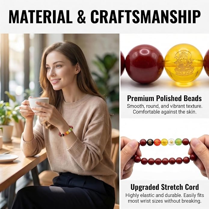 Chinese Feng Shui Bracelet with Amulet Card, Red Cinnabar Money & Wealth Magnet, Good Luck Charms for Energy Protection, Temple Blessed Lucky Stretch Beads Success Gift for Men Women