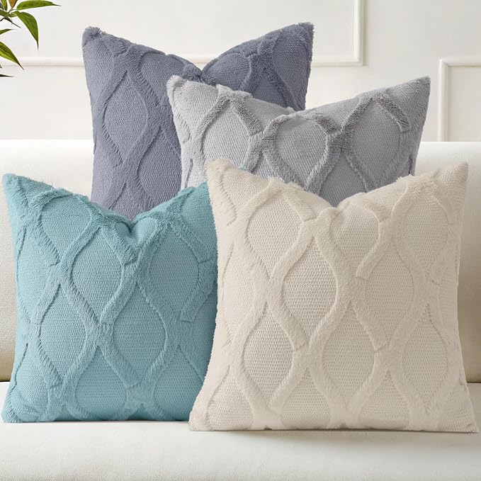 decorUhome Set of 4 Faux Fur Throw Pillow Covers 18x18(Beige/Grey) | Neutral Decorative Soft Plush Couch Pillow Covers, Farmhouse Pillow Cases for Living Room Bed Sofa
