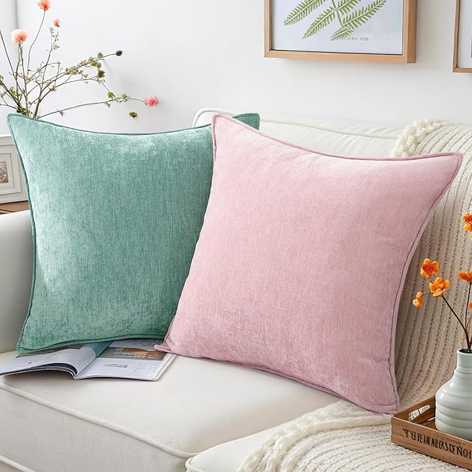 decorUhome Chenille Aqua Haze Velvet Throw Pillow Covers 18x18 Set of 2 | Fall Soft Couch Decorative Modern Farmhouse Pillow Cases with Elegant Design for Sofa Bed Living Room Home Decor