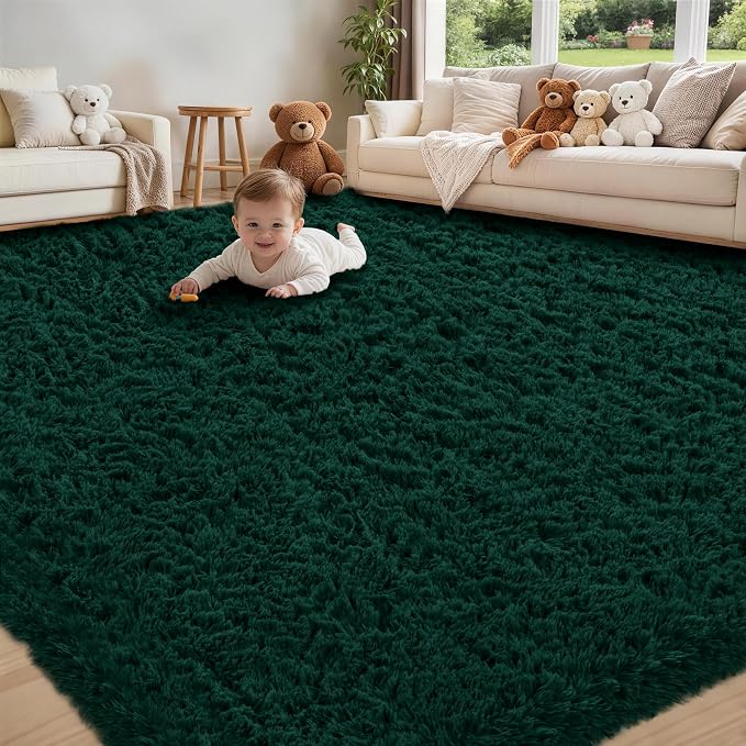 8x10 Area Rug for Living Room:Ultra Soft Fluffy Shag Purple Rugs,Large Fuzzy Plush Indoor Non Slip Carpet Washable Rug for Bedroom Kids Nursery Office Dorm Modern Decor(Dark Green 8'x10')
