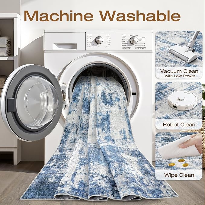 8x10 Area Rugs Living Room: Washable Large Neutral Rug Abstract Soft Modern Stain Resistant Indoor Floor Non-Slip Carpet for Bedroom Nursery Kids Office Playroom Dining Room Under Table- Navy Gray
