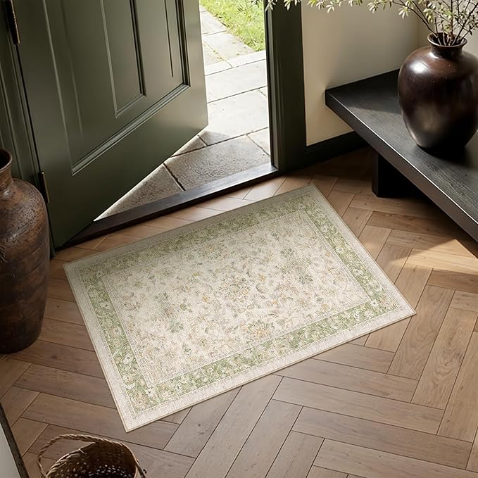 2x3 Sage Green Washable Area Rug Non Slip Vintage Doormat | Soft Low Pile, Lightweight Foldable, Pet Friendly, Entryway, Entrance, Kitchen, Bathroom, Laundry Room