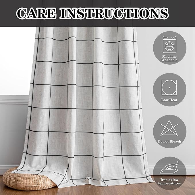 MYSKY HOME 100% Blackout Plaid Linen Curtains 72 Inches Long Double Layer Farmhouse Thermal Insulated Checkered Print Drapes with Rod Pocket Back Tab for Bedroom Living Room, 2 Panels, 52"Wide, Black
