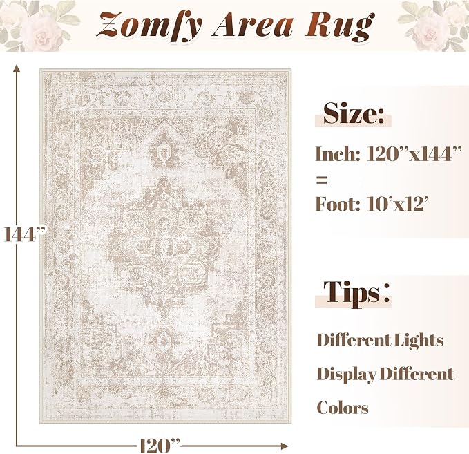 Area Rug 10x12 Vintage Rug: Large Washable Indoor Medallion Rugs Low Pile Distressed Floor Carpet Retro Accent Rug for Living Room Bedroom Dining Room Home Office(Beige, 10'x12')