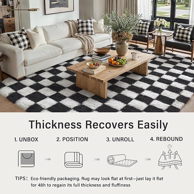 PureCozy Checkered Rug 7x10 for Living Room, Black and White Modern Shag Rugs Super Soft Washable Indoor Office Fuzzy Carpet Non-Slip Fluffy Rugs for Bedroom Home Aesthetic Decor