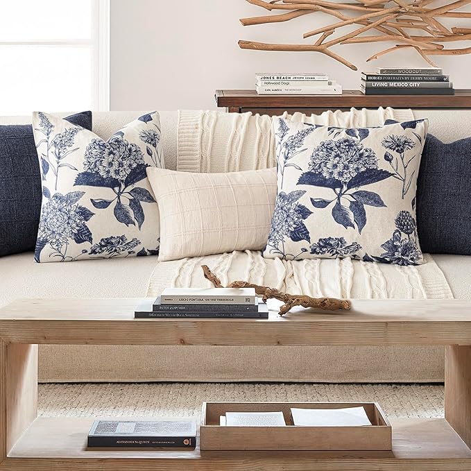 Foindtower Set of 2 Linen Floral Vintage Throw Pillow Covers Neutral Accent Print Decorative Cozy Cushion Covers Farmhouse Boho Home Decor for Sofa Chair Couch Bed Living Room,20×20 Inch,Navy Blue