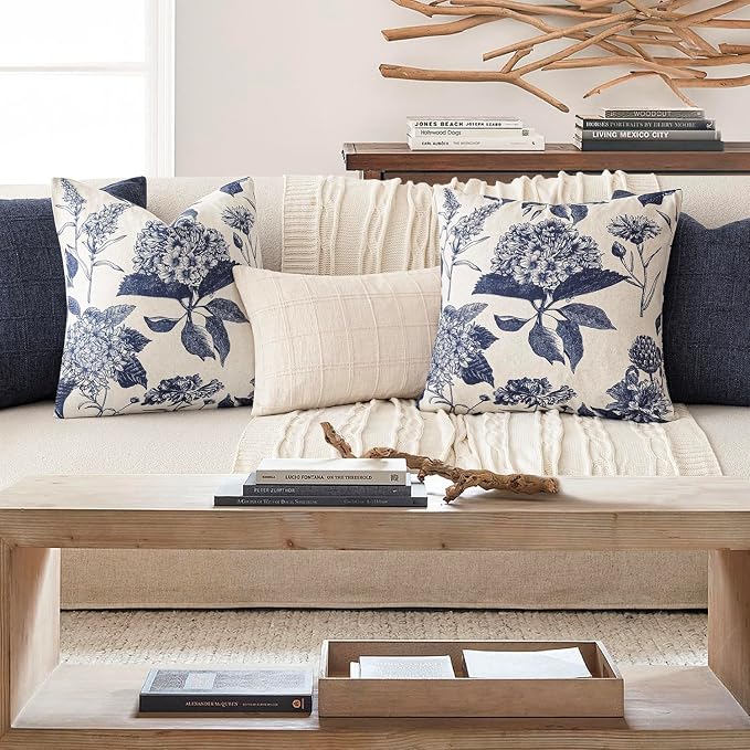 Foindtower Set of 2 Linen Floral Vintage Throw Pillow Covers Neutral Accent Print Decorative Cozy Cushion Covers Farmhouse Boho Home Decor for Sofa Chair Couch Bed Living Room,24×24 Inch,Navy Blue