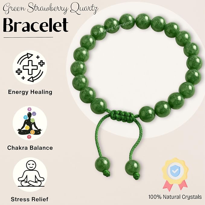 Amazing Gemstone Green Strawberry Quartz Bracelet for Women Men's Gifts - Protection Healing Crystal Bracelet - 8mm Gemstone Beaded Adjustable Bracelet Pulseras para Hombres Mujer Stocking Stuffers