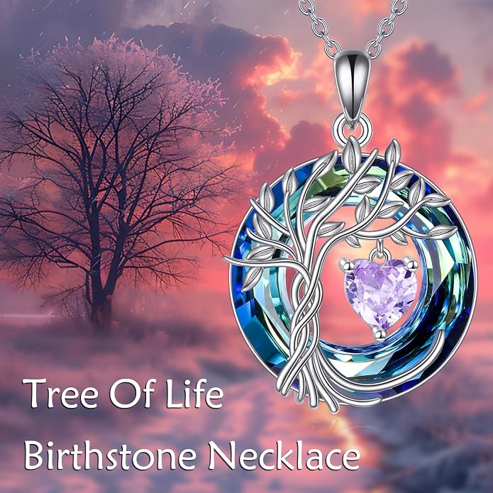 POPLYKE Mothers Day Gifts for Mom Her Wife Tree of Life Necklace 925 Sterling Silver Birthstone Pendant with Crystal Anniversary Birthday Wedding Jewelry for Women