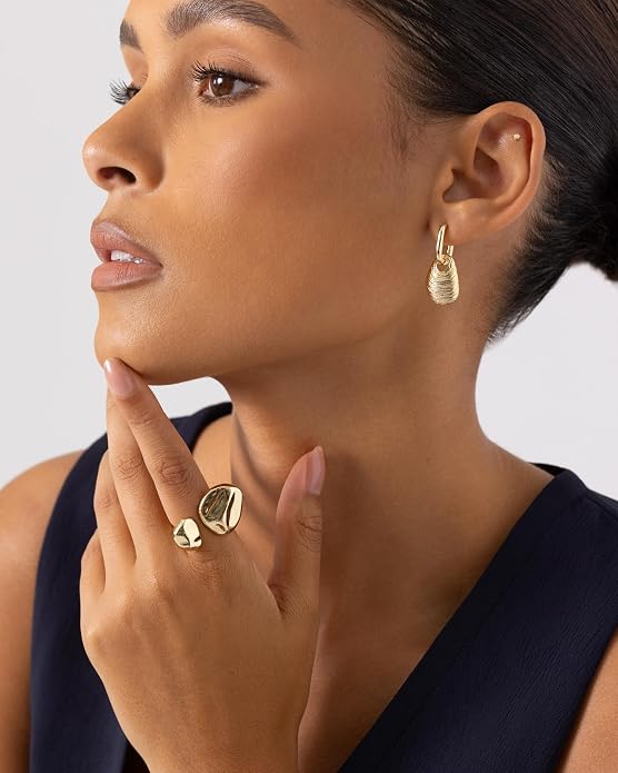 PAVOI 14K Gold Plated Chunky Open Statement Rings for Women - Bold Hammered Double Pebble Stackable Ring - Trendy Geometric Organic Fashion Bands Jewelry
