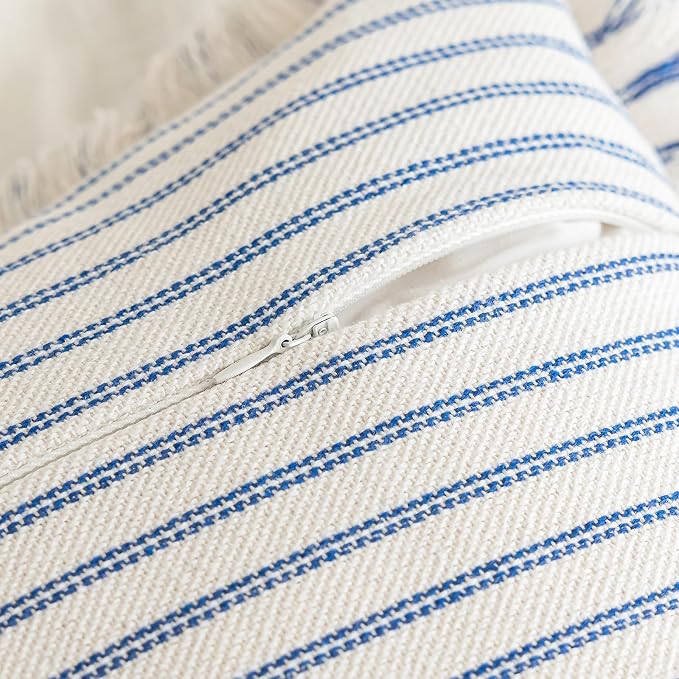 YEENAASY Throw Pillow Covers 12x20 Set of 2 Striped Fringe Pillow Cover Farmhouse Cushion Covers with Tassel Neutral Boho Pillows Decorative Square Pillowcase for Couch Sofa Bed, Blue