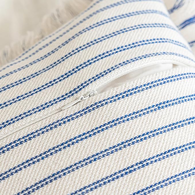 YEENAASY Throw Pillow Covers 20x20 Set of 2 Striped Fringe Pillow Cover Farmhouse Cushion Covers with Tassel Neutral Boho Pillows Decorative Square Pillowcase for Couch Sofa Bed, Blue