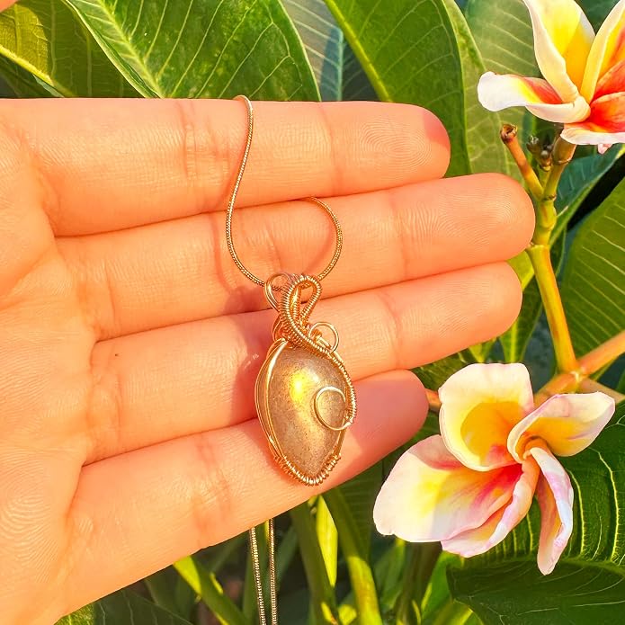 Handmade Wrapped Labradorite Crystal Pendant Necklace - Dainty Charm Copper Wired Necklace, Healing Crystals and Gemstones, Vintage Jewelry for Women, Men's Necklace, Boho Black Stone Protection Birthstone Jewelry