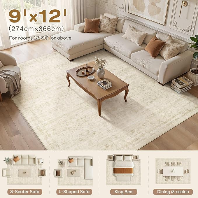 Nakagishi 9x12 Area Rugs Living Room: Washable Large Vintage Rug Neutral Non-Slip Soft Stain Resistant Indoor Carpet for Bedroom Nursery Dining Room Office Playroom - Vintage Beige