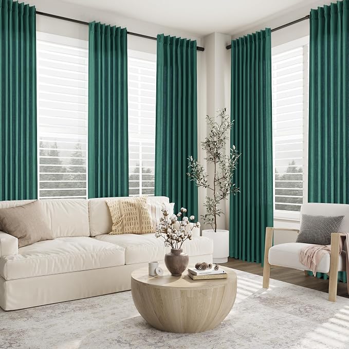 Aersas Dark Green Pinch Pleated Linen Curtains 102 Inch Length 2 Panels for Living Room Bedroom Semi Sheer Window Curtain Boho Neutral Back Tab Pinch Pleat Drape with Hooks 40x102