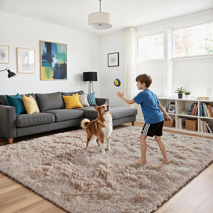 Fluffy Rug Shag Area Rug, Beige 3x5 Area Rugs for Bedroom, Small Bedside Rug, Soft Fluffy Shag Entryway Throw Rugs for Living Room Bedroom Room Home Decor