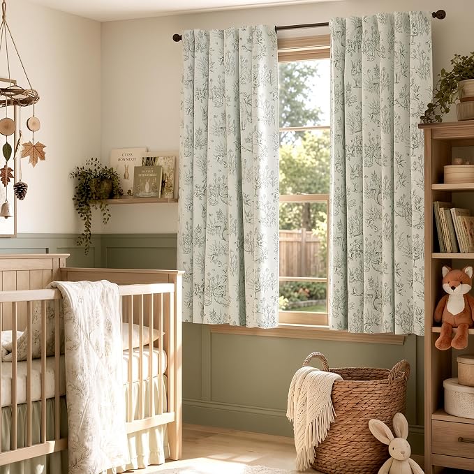 jinchan Green Blackout Curtains 63 Inch Whimsical Back Tab 2 Panels | Room darkening,nursery kids bedroom,privacy,whimsical,cottagecore,bunny pattern,botanical,nature-inspired decor