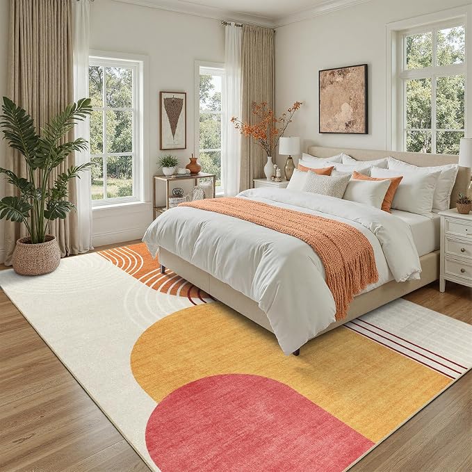 DCX Abstract Machine Washable 7x9 Rug, Mid Century Modern Rug for Living Room, Soft Low Pile Non Slip Carpet, Kid & Pet Friendly Stain Resistant Rug for Bedroom Dining Room Office, Orange & Yellow