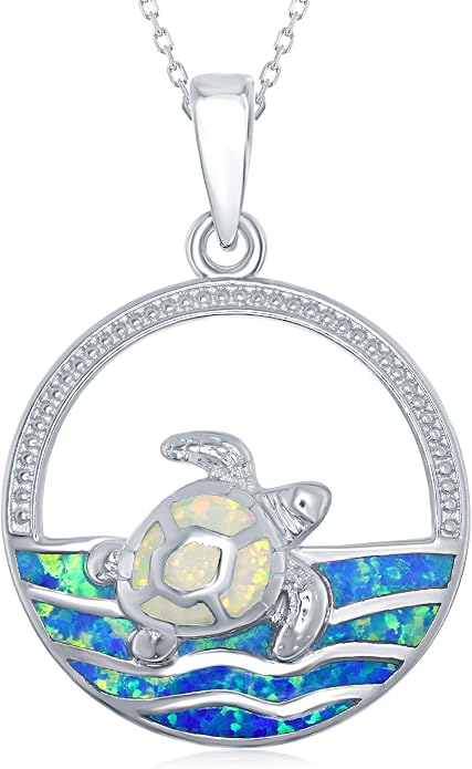 Created Blue Opal Ocean Necklace for Women, 925 Sterling Silver Pendant, 18 Inch Chain, Beach and Sea Life Jewelry Collection