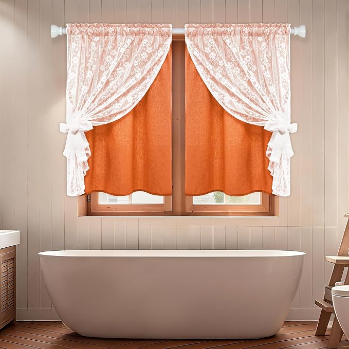 ASPMIZ Linen Kitchen Curtains Double Layers Window Curtain with Linen Lace, Farmhouse Cafe Curtain 36 Inch Length Rod Pocket, Light Filtering Bathroom Tier Curtains with 2 Tiebacks, Orange
