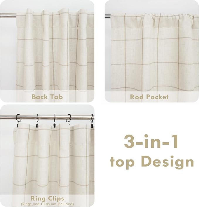 DriftAway 100% Blackout Plaid Linen Curtains 102 Inches Long 2 Panels Taupe | 100% Blackout, Linen Texture, Plaid Pattern, Two Layers, Rod Pocket & Back Tab, Bedroom Living Room Use, Luxury Appearance