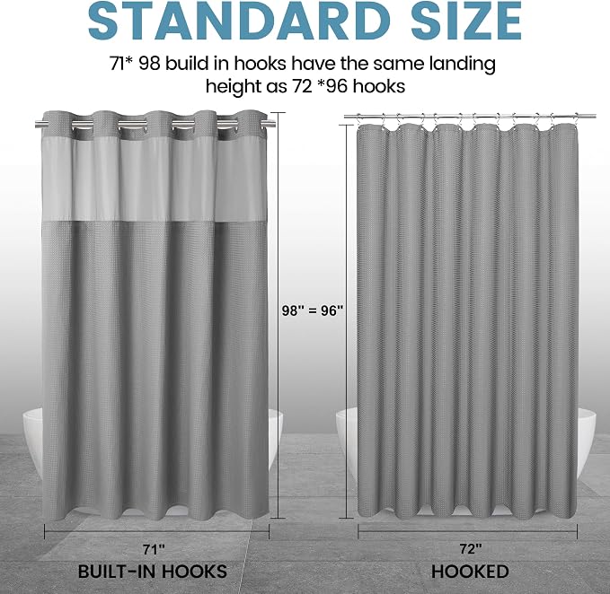 EUTXL Heavyweight Extra Long No Hook Shower Curtain with Snap in Liner,256GSM Waffle Weave Shower Curtains for Bathroom,71W x 98H,Grey