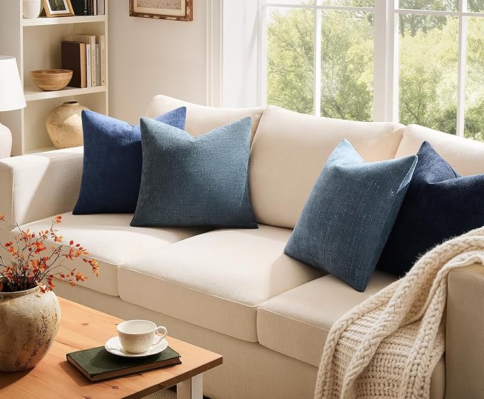 Pack of 4 Throw Pillow Covers 18x18 Inch Chenille Textured Neutral Blue Soft Pillow Covers Solid Decorative Farmhouse Cushion Covers Home Boho Decor for Couch Sofa Bed Living Room