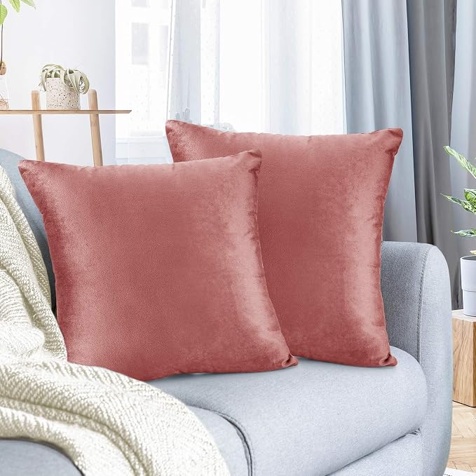 Nestl Throw Pillow Covers, Cozy Velvet Decorative Outdoor Pillow Covers 16 x 16 Inches, Soft Solid Cushion Covers for Sofa, Bed and Car, Set of 2 - Misty Rose