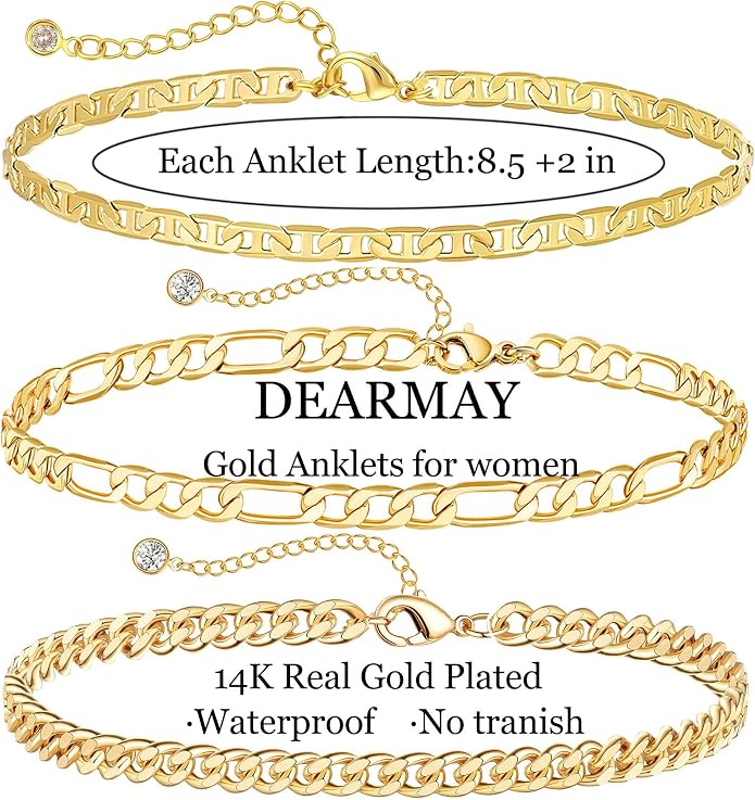 DEARMAY Gold Anklets for Women Waterproof, Non Tarnish14K Gold Plated Ankle Bracelets Set Stack, Summer Beach Jewelry Gifts for Vacation, Bikini Outfits for Women Mom Her