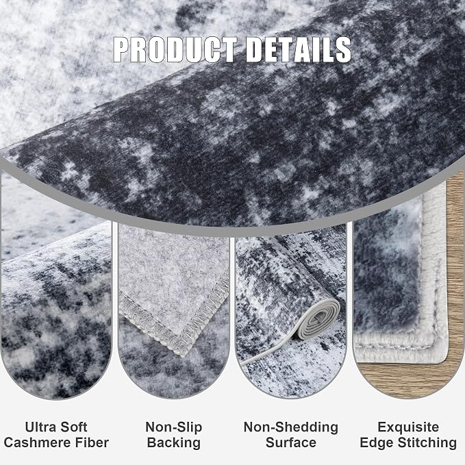 8x8 Area Rug Living Room Rug: Washable Modern Abstract Soft Thin Rug Indoor Floor No Slip Stain Resistant Carpet for Bedroom Dining Room Farmhouse Nursery Home Office - Black